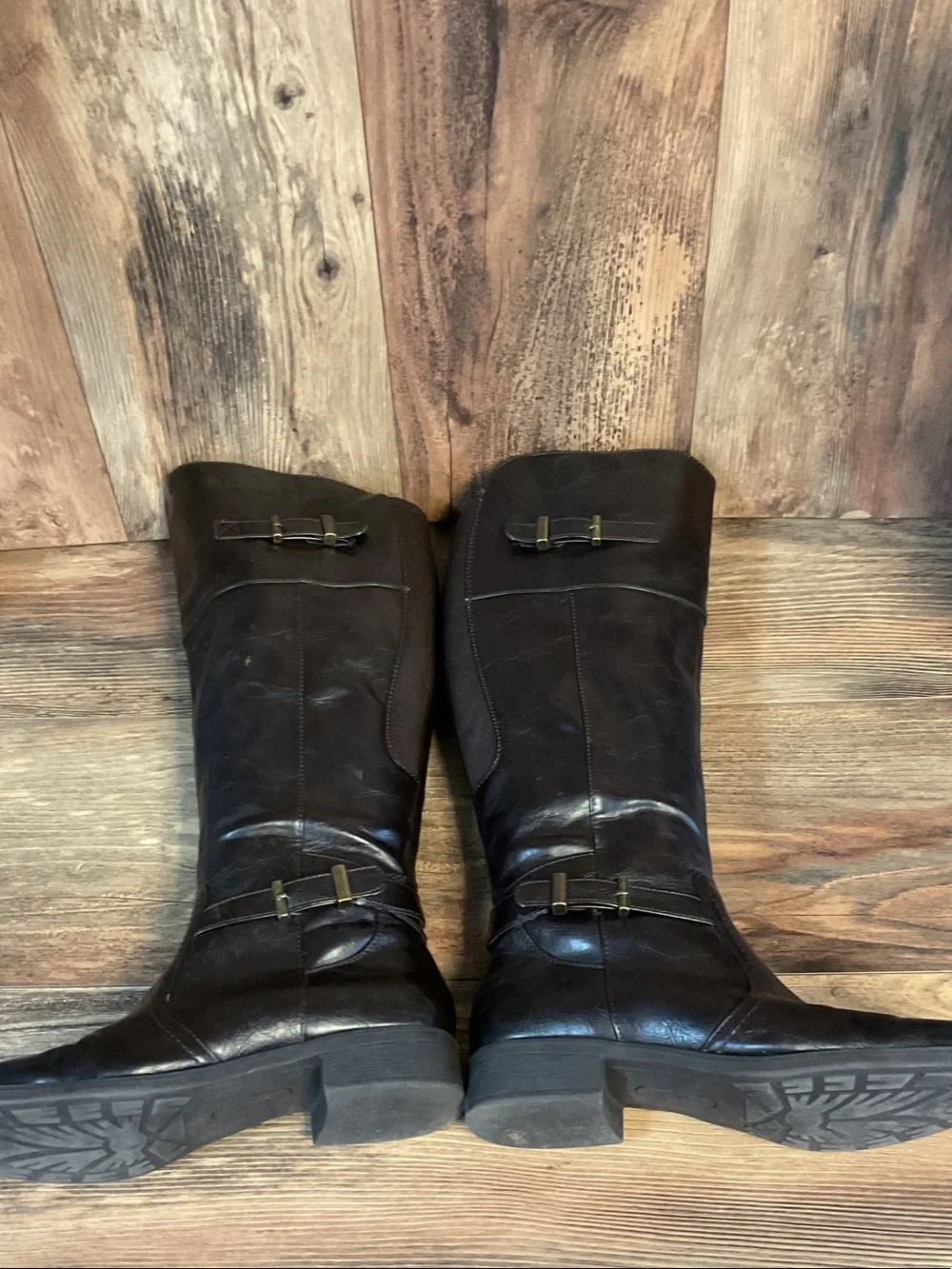 Yuu Tall Brown Leather Riding Strappy Boots 9M      F342